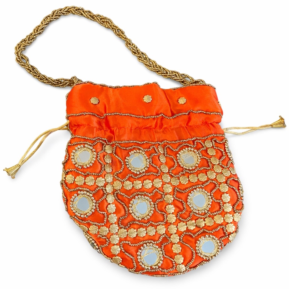 Handmade Embellished Drawstring Crossbody Bag – Gold Beaded Strap - Picture 2 of 6